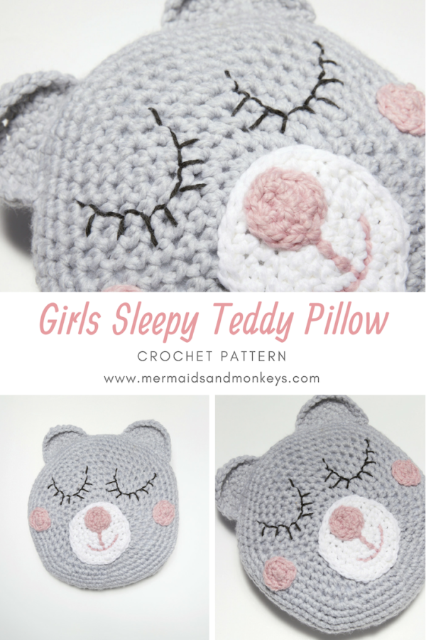 This Sleepy Teddy Pillow is the perfect crossover between a pillow and a stuffed animal. #crochetpillow #crochetcushion #crochetpattern #crochetlove #crochetaddict