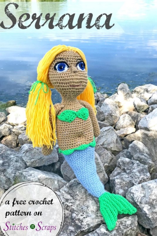 Serrana the Mermaid - These free crochet doll patterns are a mix of amigurumi patterns and other techniques. Create your own world with dolls that will take you on a journey. #AmigurumiPatterns #CrochetDollPatterns #FreeCrochetPatterns