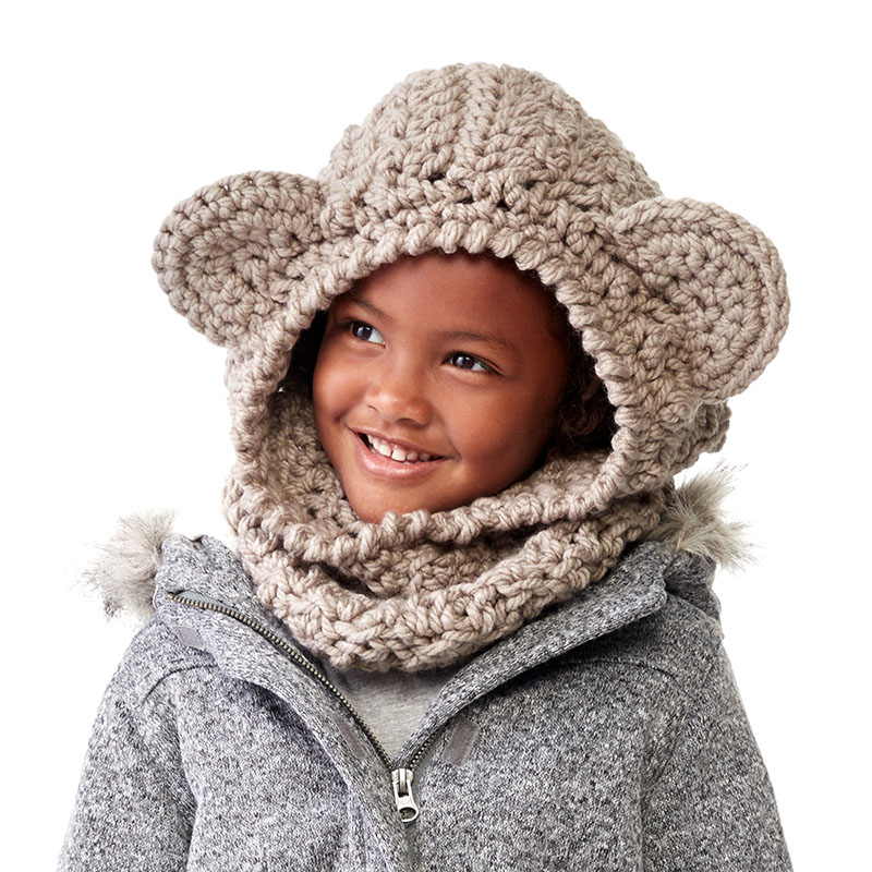 Bernat Crochet Bear Hood - These hooded free crochet scarf patterns are excellent alternatives to full-blown costumes when your kid is not into that kind of thing. #freecrochetscarfpatterns #crochetscarf 