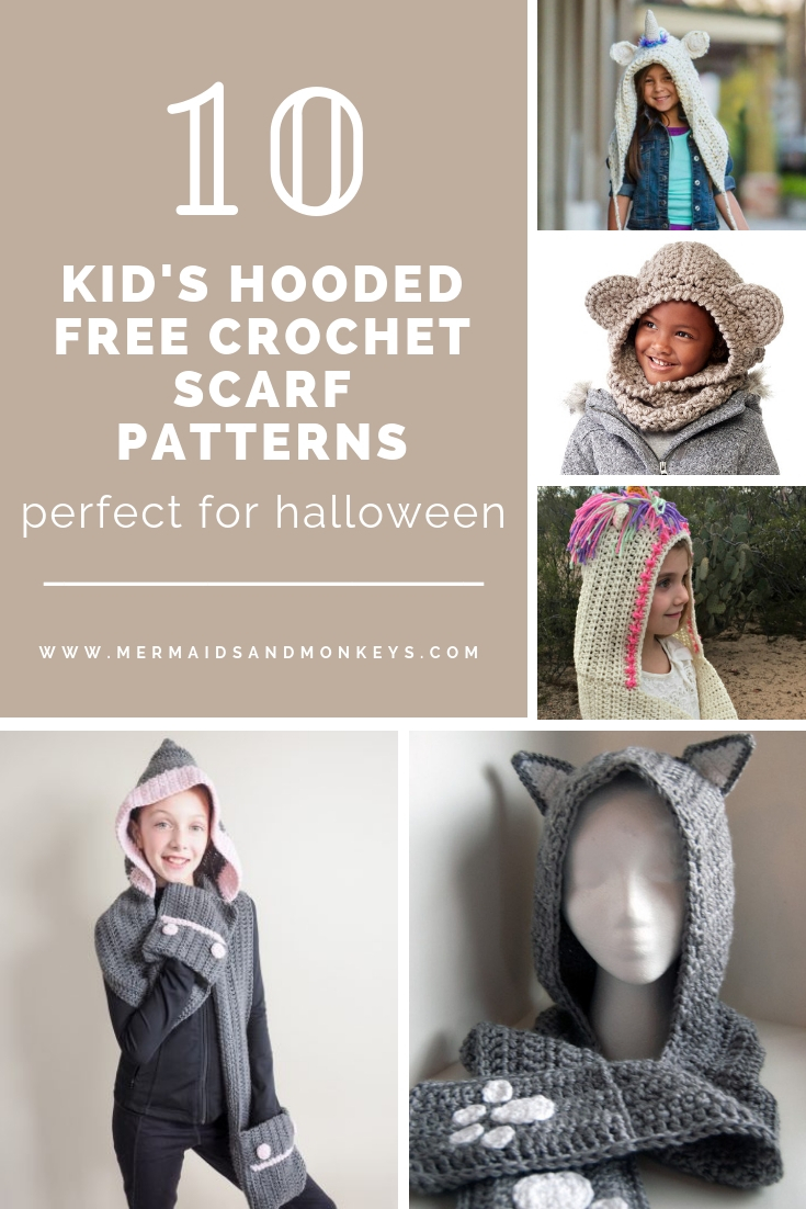 These hooded free crochet scarf patterns are excellent alternatives to full-blown costumes when your kid is not into that kind of thing. #freecrochetscarfpatterns #crochetscarf 