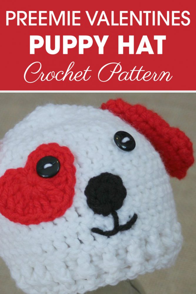 Preemie Newborn Valentine’s Puppy Hat - One way you can show your love for kids this Valentine’s is by crocheting these simple crochet patterns. #simplecrochetpatterns #crochetpatterns #kidscrochetpatterns