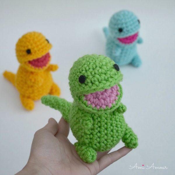 group of crochet dinosaurs